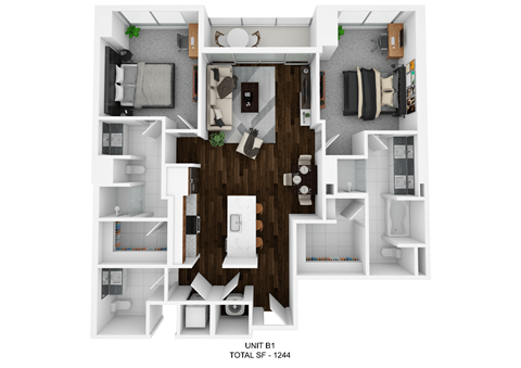 Floor plan for 2 beds, 2.5 baths, 1244 sqft